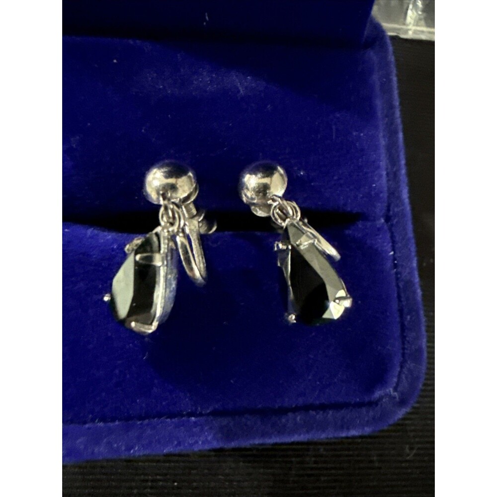Vintage SORRENTO STERLING SILVER Teardrop Hematite Screw Back Drop Earrings